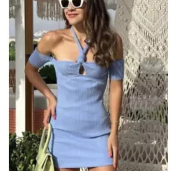 NWT ZARA Halter Neck Ribbed Knot Detail Dress Sz Medium Sky Blue - Picture 2 of 6